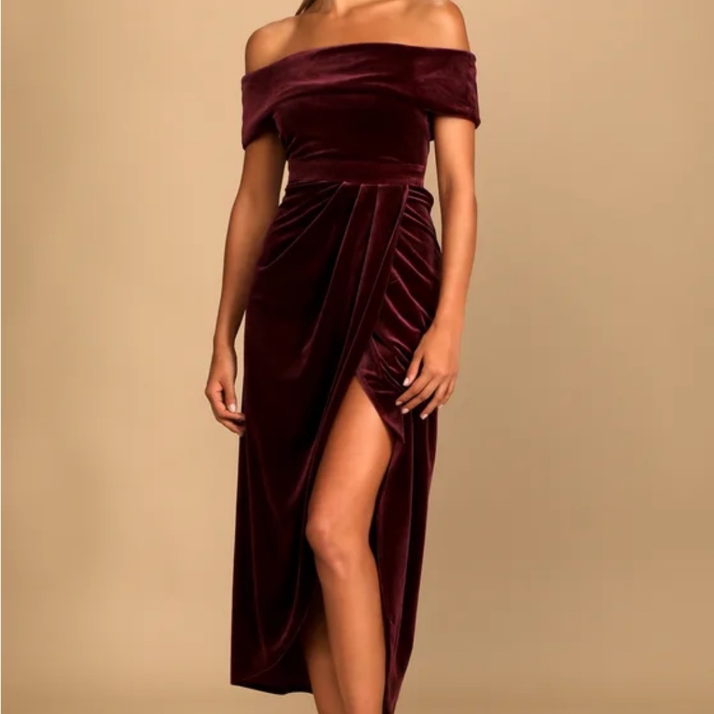 BRAND NEW I'm Enchanted Burgundy Velvet Off-the-Shoulder Maxi Dress